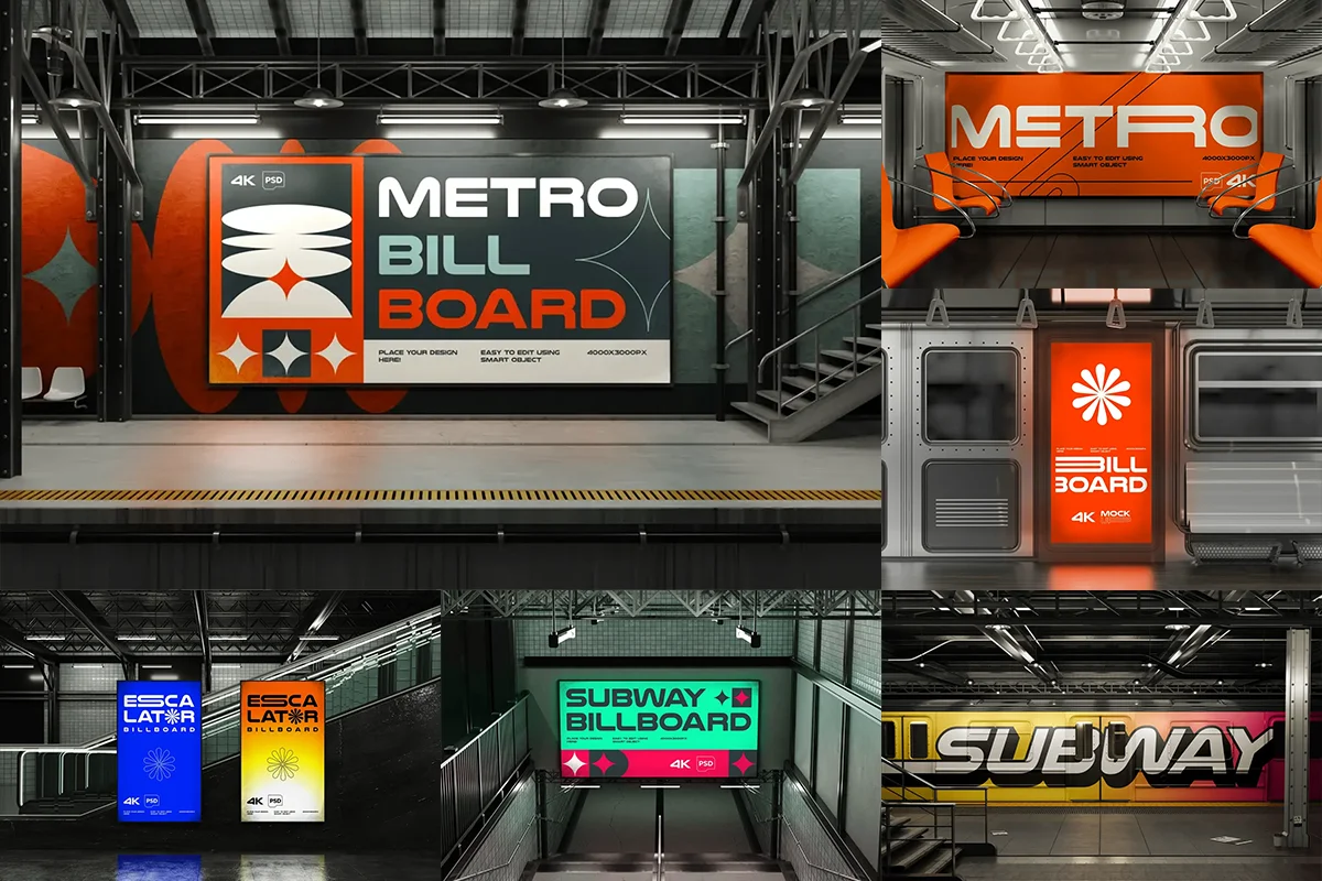 13款工业风地铁车站横幅灯箱广告牌海报设计作品展示效果图ps样机 Billboard Screen Mockup