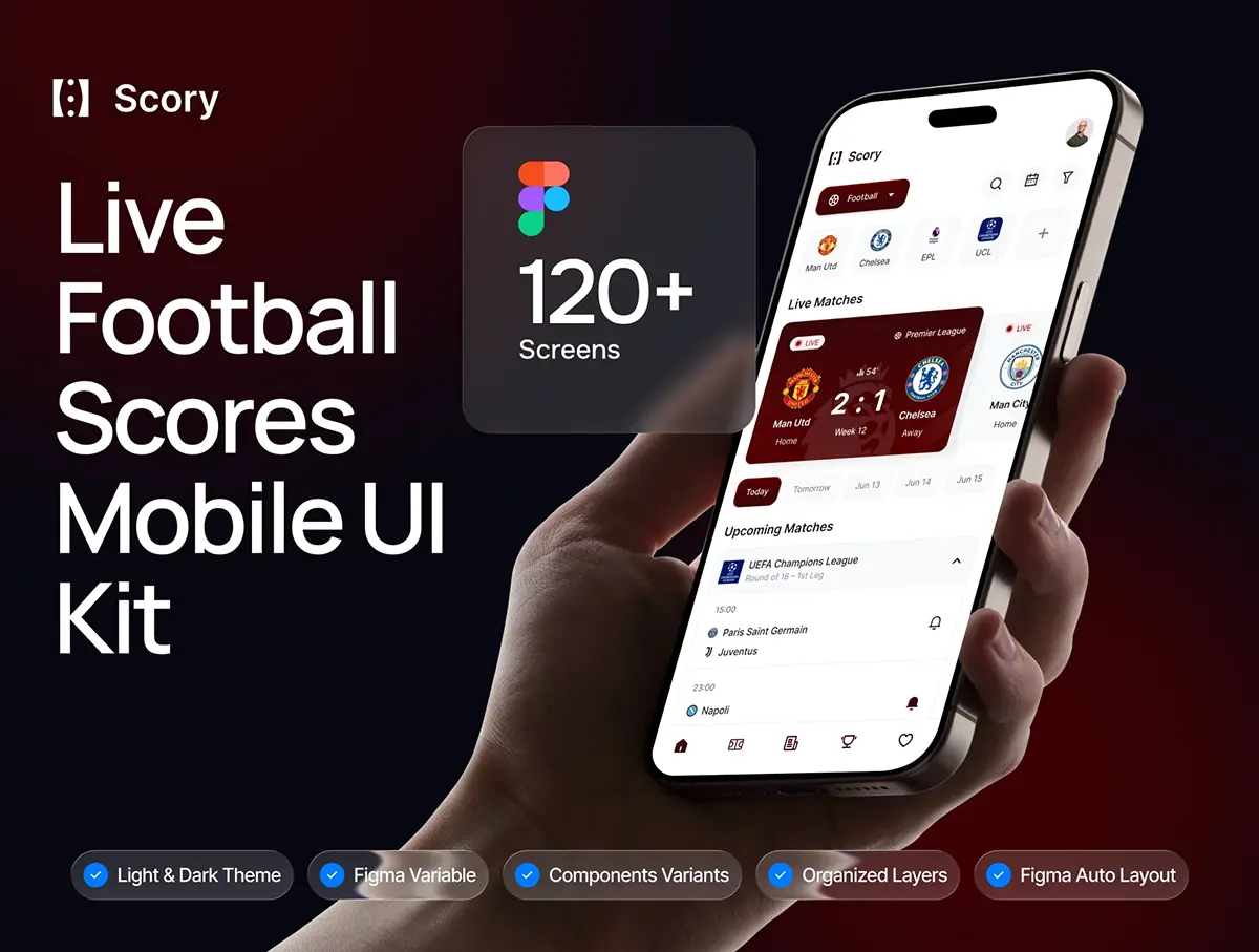 120屏双配色英超世界杯比分足球比赛直播App应用UI界面设计模板 Scory – Live Football Scores Mobile Apps UI KIT