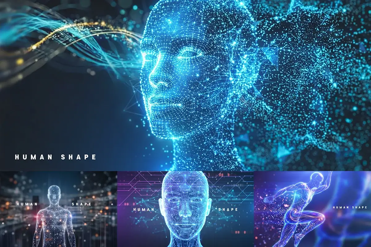 9款未来科幻科技神经元全息影像人形主视觉海报ps分层设计素材 Digital Constructs of the Human Shape Vol.2