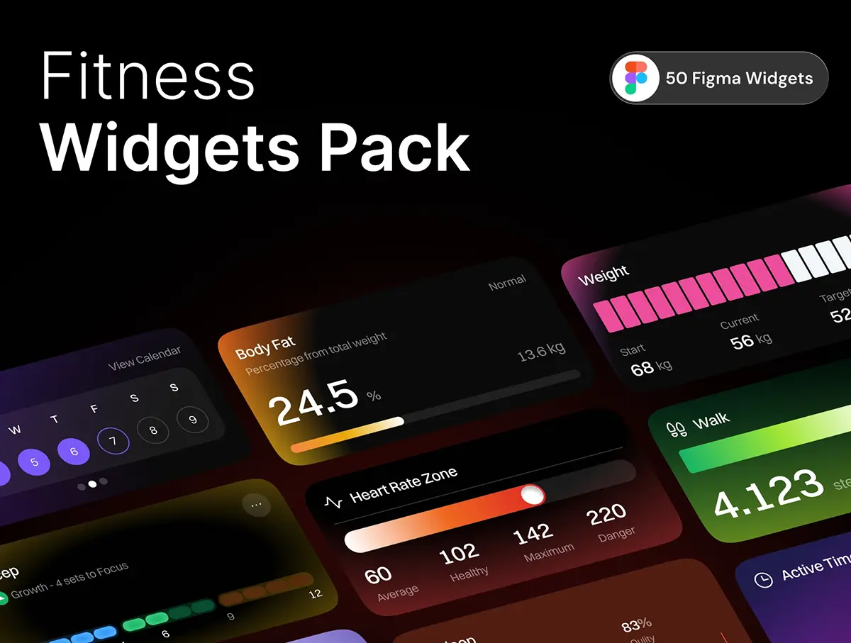 50款渐变健身运动APP健康追踪可视化数据图表仪表盘UI组件库素材 AURA – Fitness Widgets UI Kit