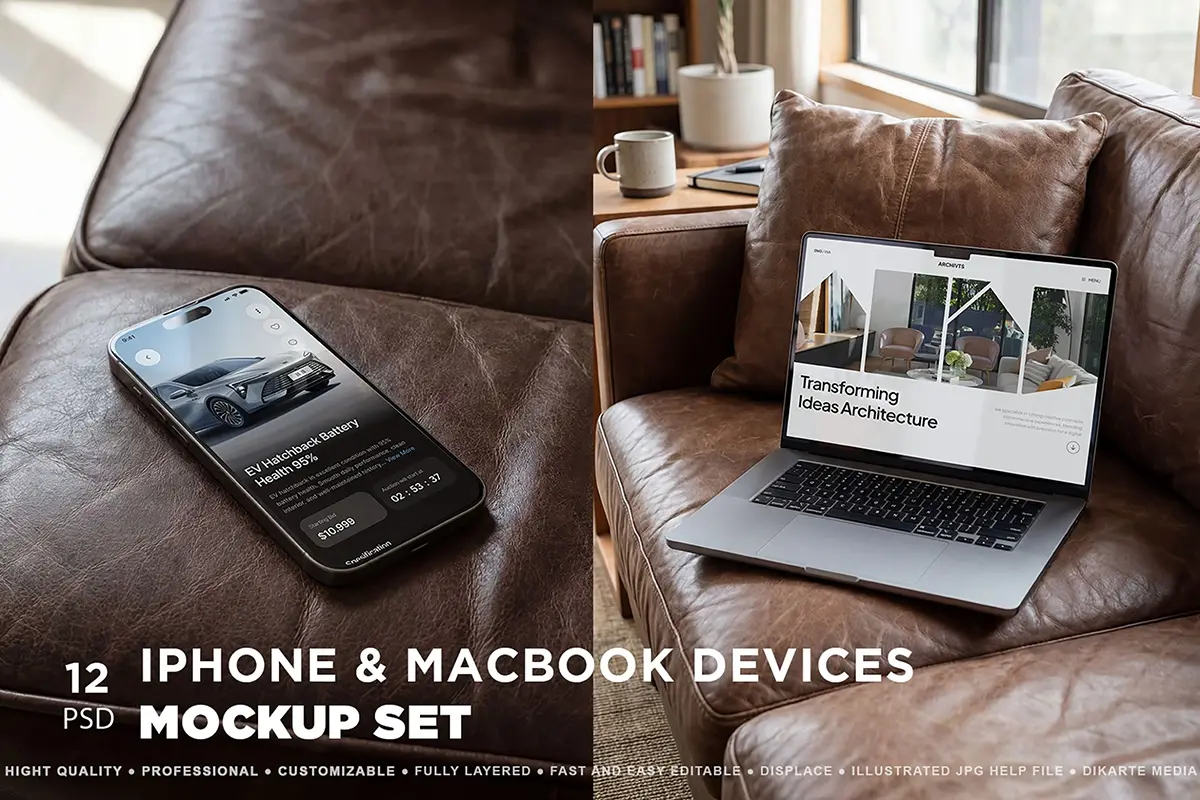 12款iPhone手机Macbook笔记本电脑UI设计作品展示效果图ps样机 Devices MacBook & iPhone Mockups