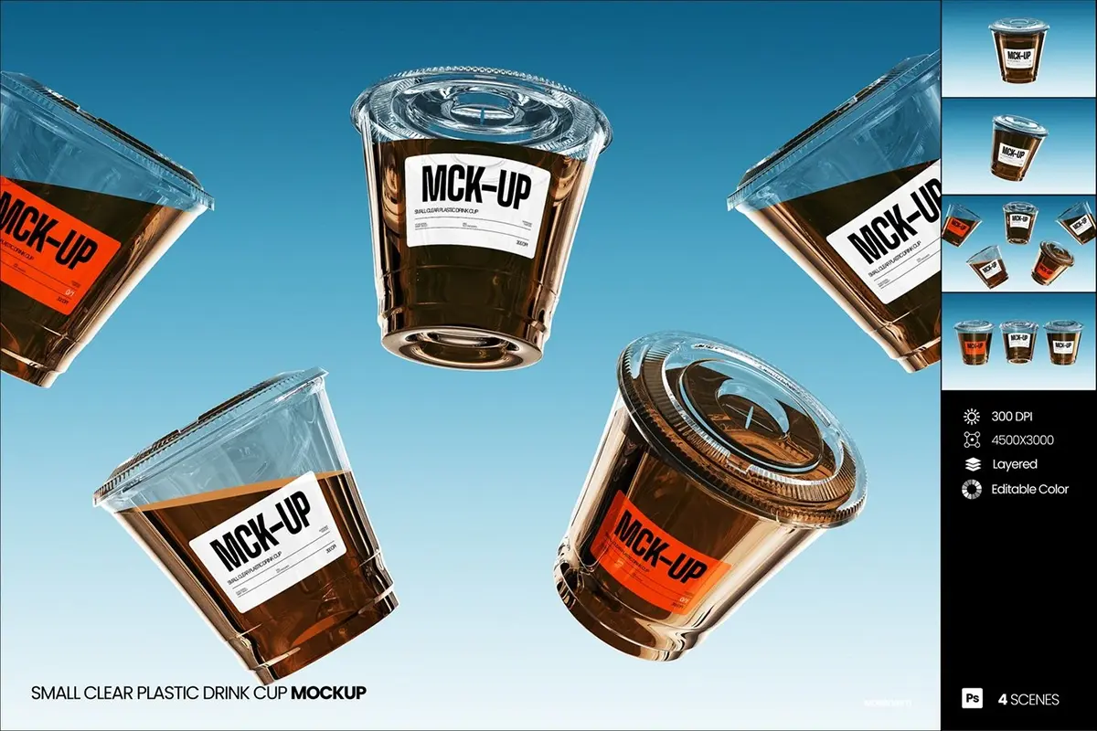 4款小型透明塑料咖啡果汁饮料杯身包装设计贴图ps样机 Small Clear Plastic Drink Cup Mockup