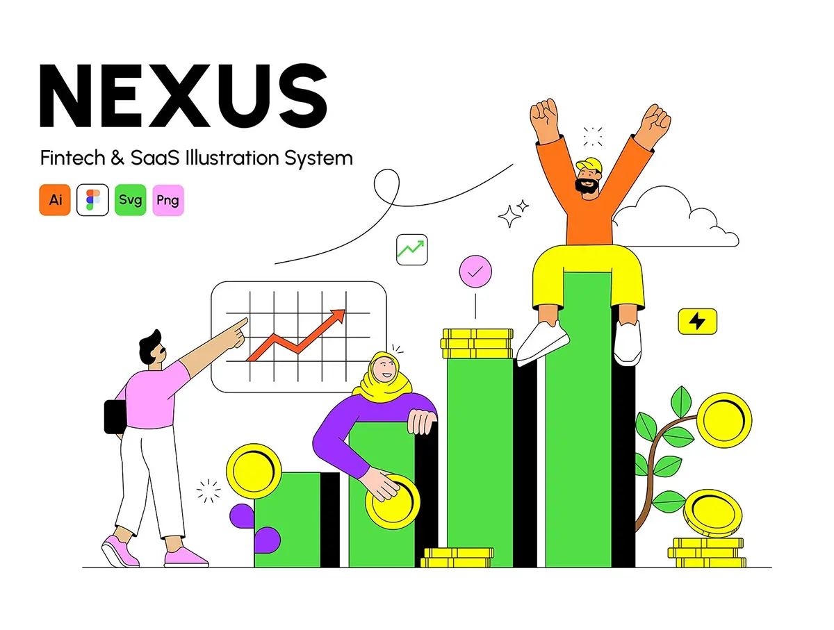 高端金融科技与 SaaS 图形系统插图插画 NEXUS – Premium Fintech & SaaS Illustration System