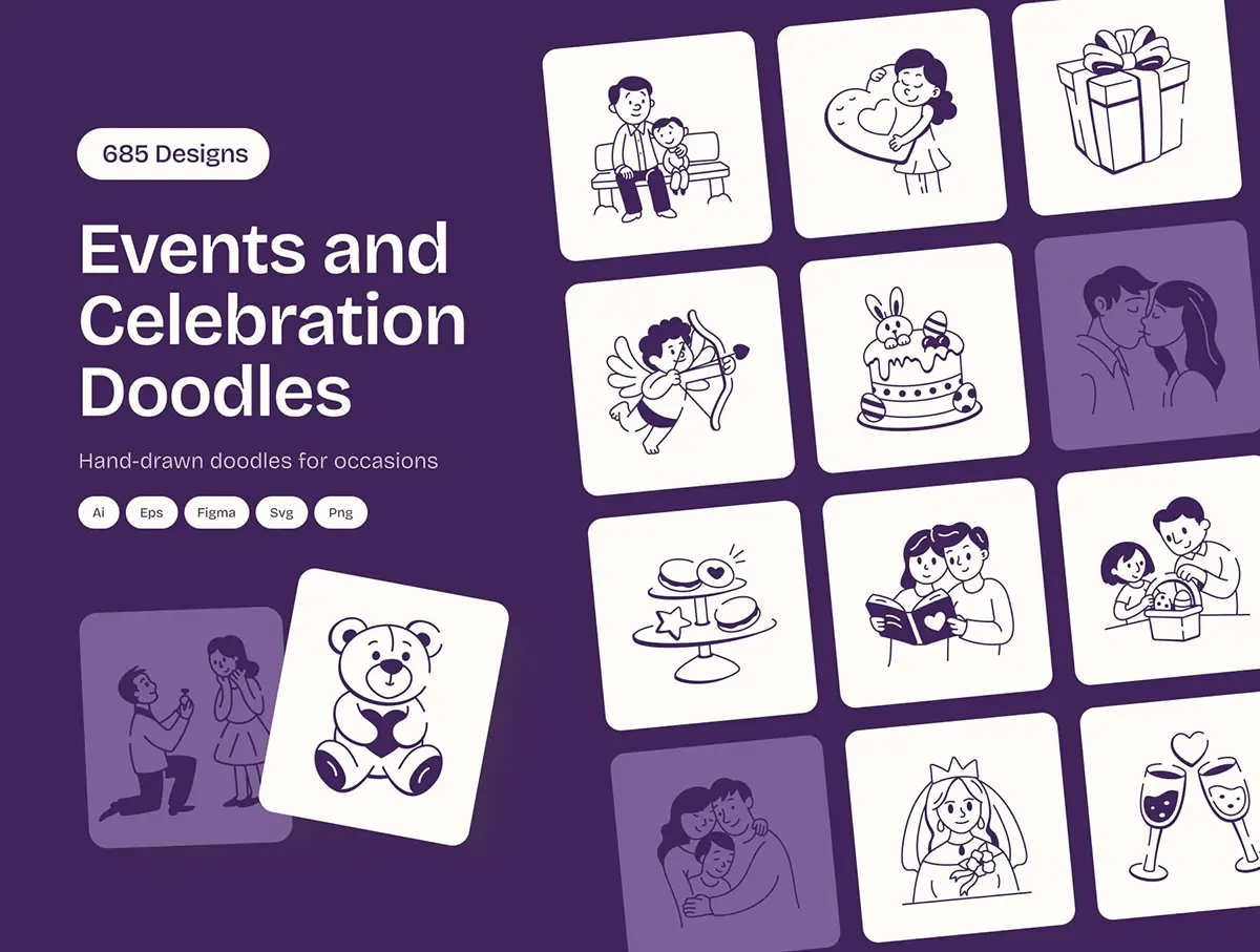 适用于各类活动的趣味图标卡通人物插图插画 Events and Celebration Doodles