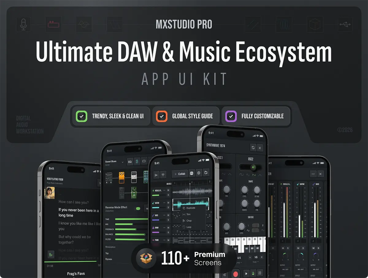 110屏深色DAW音乐制作音频处理调音混音编辑App应用UI设计模板 MXStudio Pro – Ultimate DAW & Music Ecosystem UI Kit