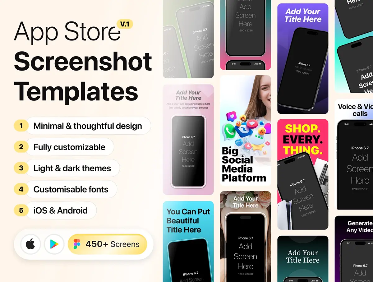 50款App Store苹果应用商店上架发布预览介绍展示图fig设计模板 App Store Screenshot Templates & Mockups