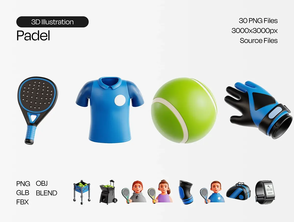 30款粘土拟物3D立体卡通壁球运动比赛插画icon图标png免抠素材 Padel 3D Icon Set