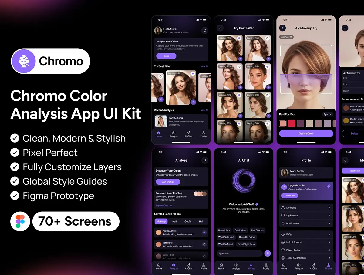 AI人工智能驱动的美妆色彩分析应用程序用户界面工具包 Chromo – Color Analysis App UI Kit