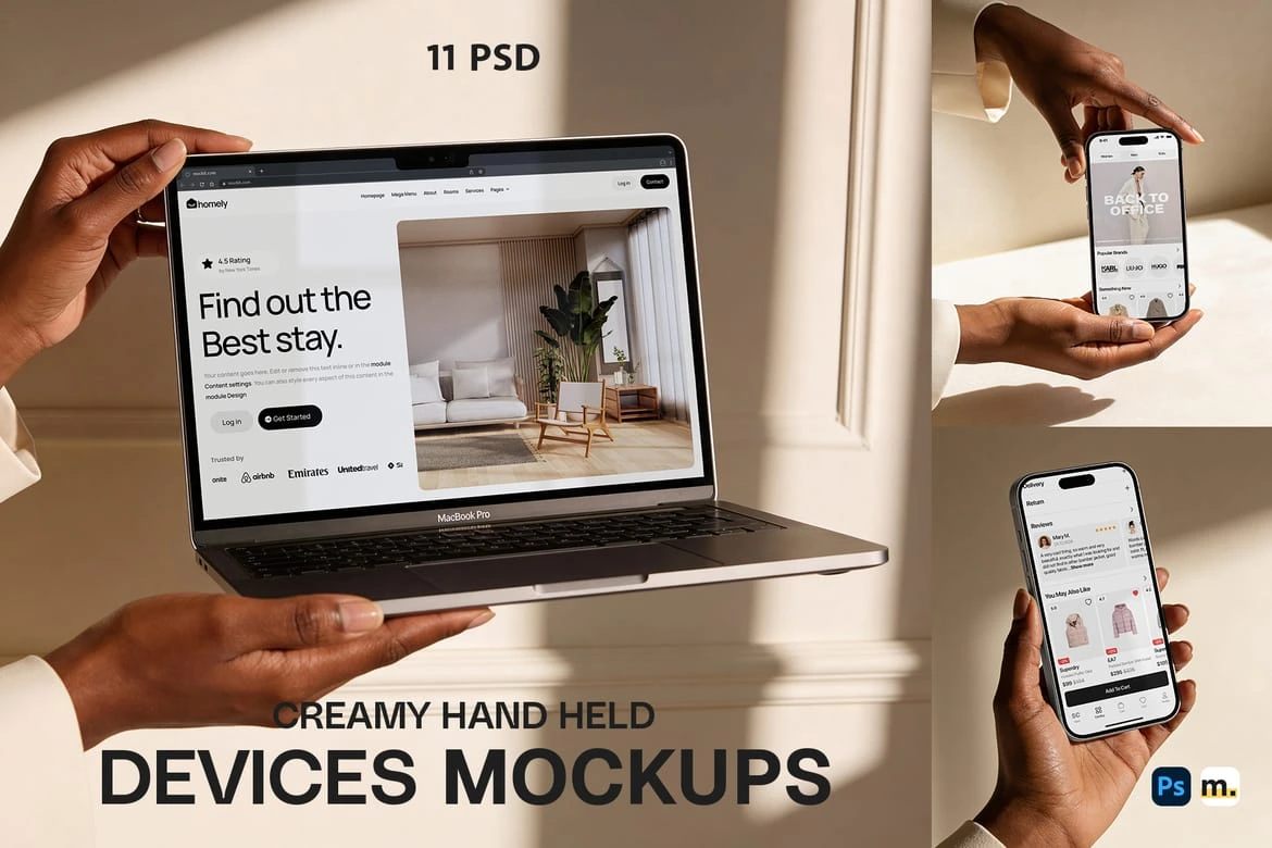 手持iPhone手机iPad平板Macbook笔记本电脑场景展示效果图ps样机 Hand Held Creamy Devices Mockups