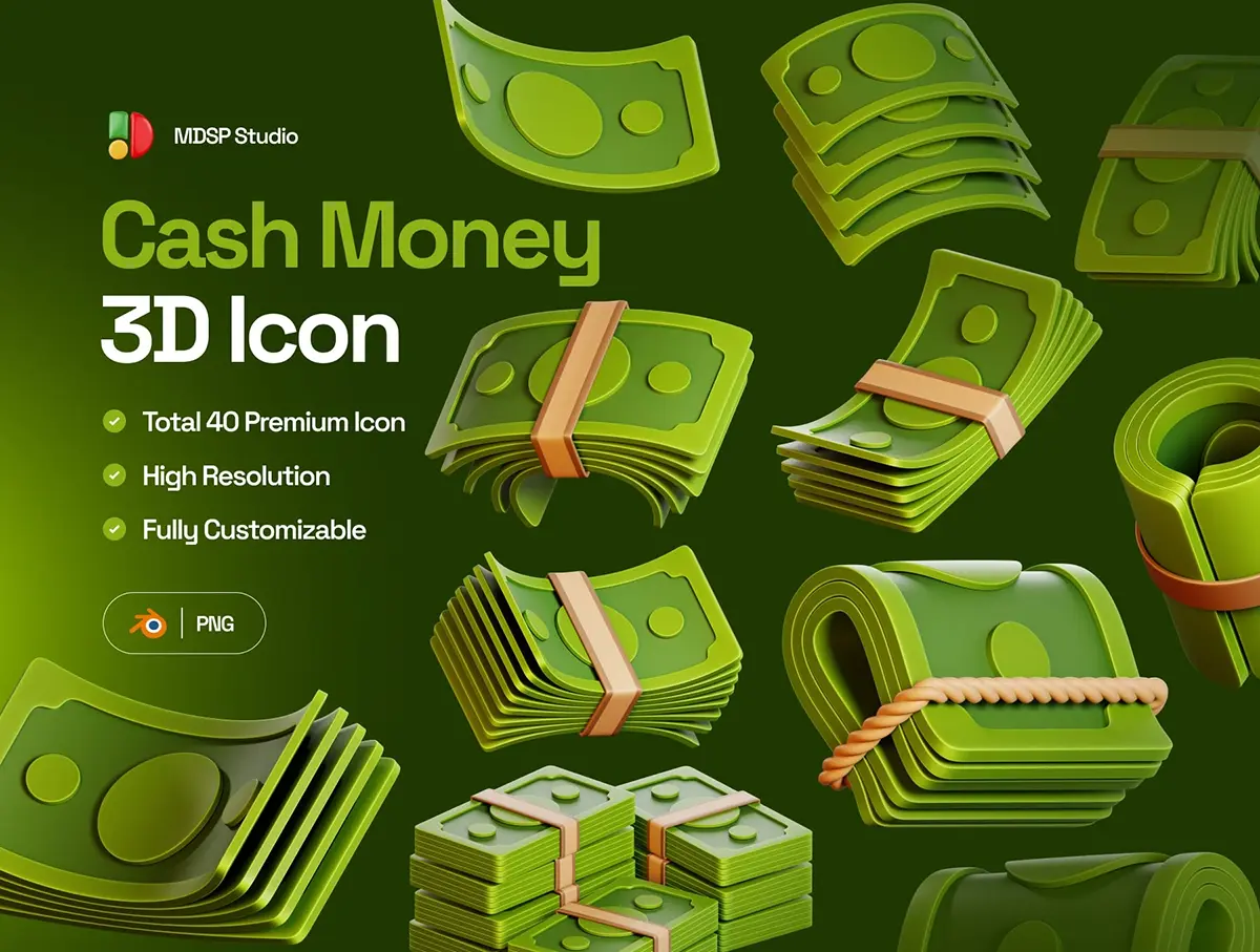 40款3D立体卡通美钞现金纸币金融交易icon图标png免抠图片素材 Cash Money 3D Icon Set