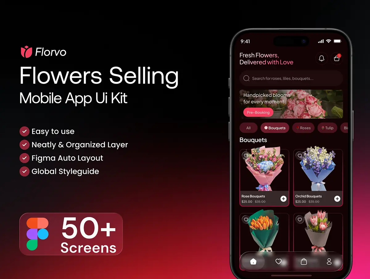 花卉销售移动应用 Figma 用户界面套件 Florvo – Flowers Selling Mobile App Figma UI Kit