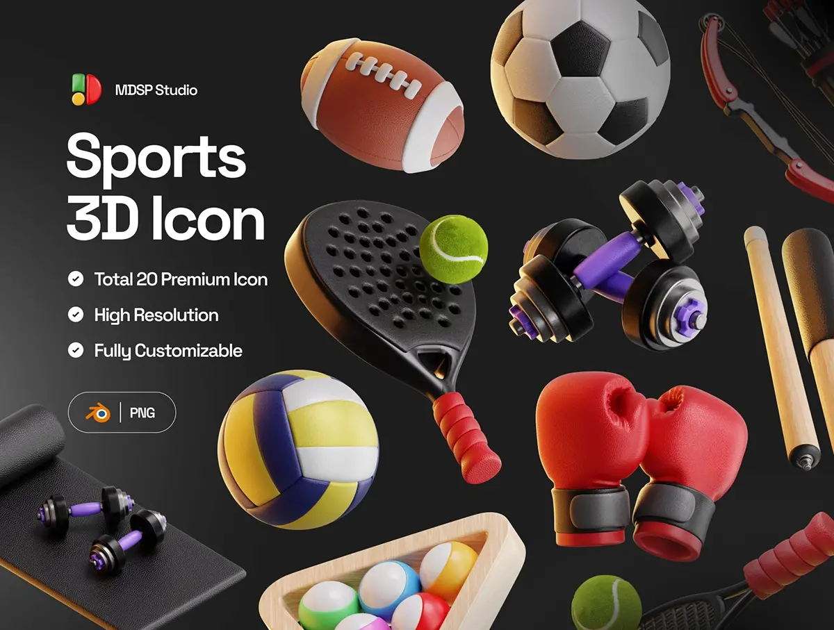 20款3D卡通球类体育运动比赛健身锻炼icon图标png免抠图片素材 Sports 3D Icon Set