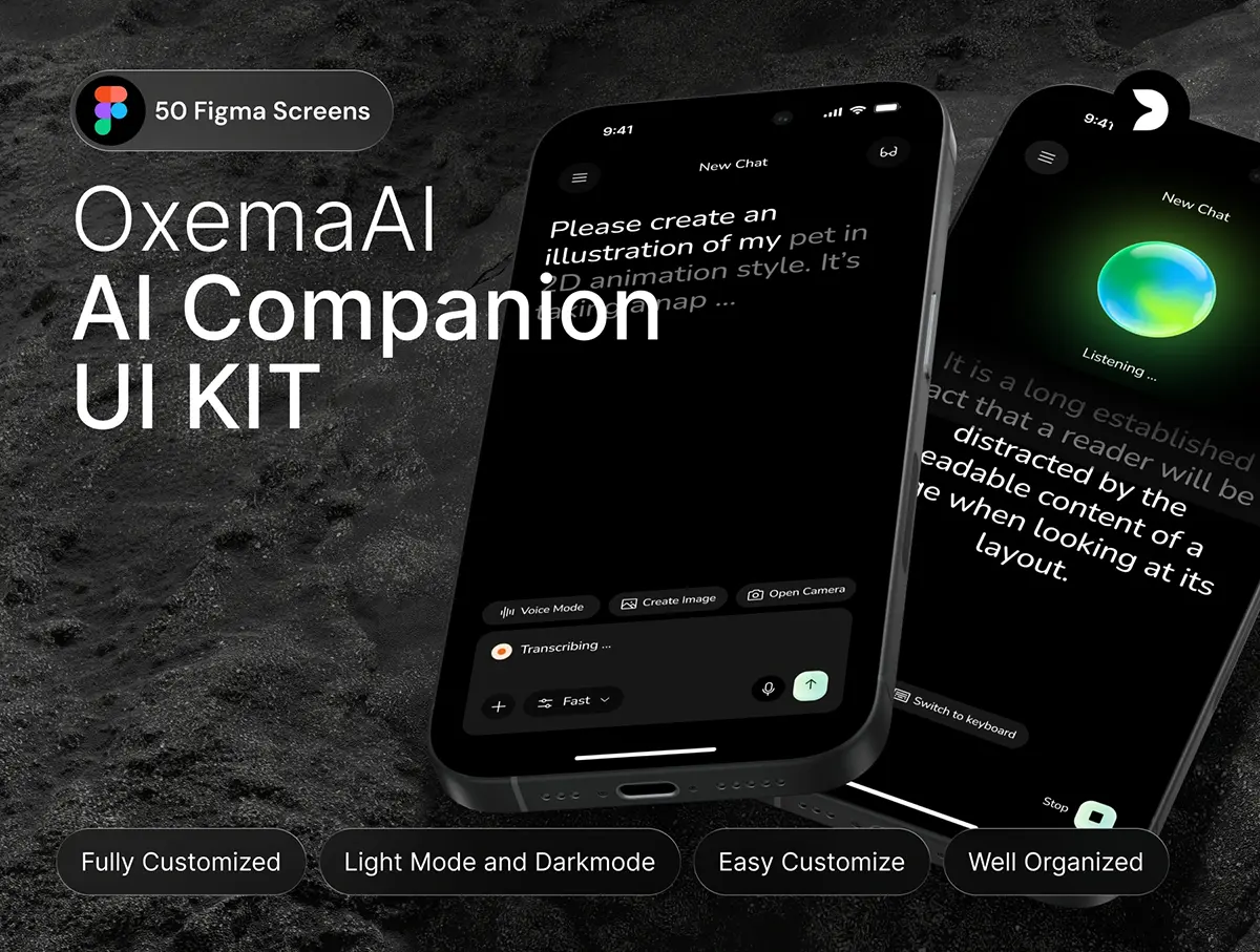 100屏AI助手人工智能语音对话聊天图像生成多模态应用UI设计套件 Oxema – AI Companion Mobile UI Voice & Chat