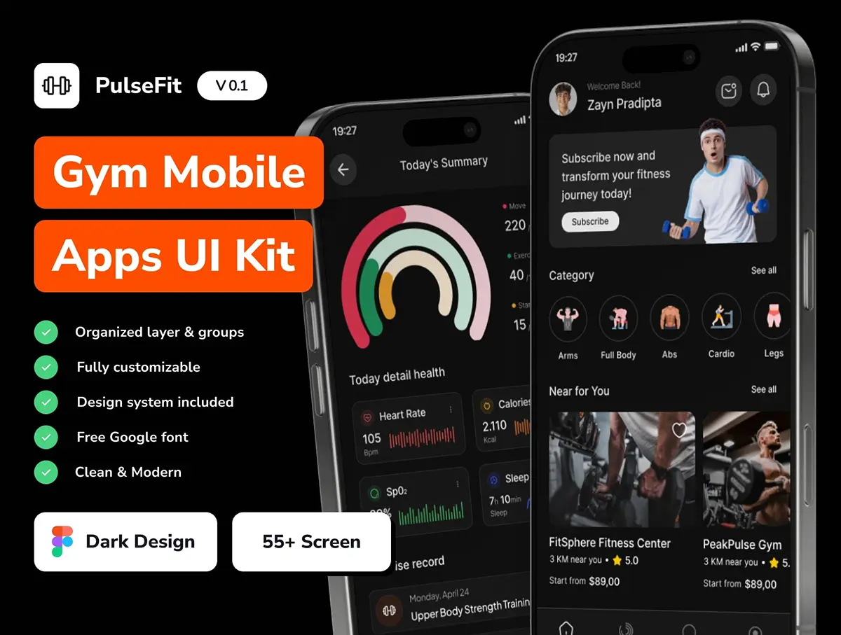 高级时尚私人健身房会所VIP会员业务App应用ui用户界面设计模板 PulseFit – Gym Mobile App UI Kit