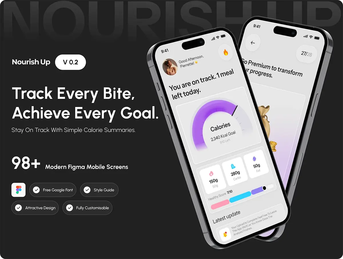 饮食计划健康食谱与营养用户UI界面设计Figma模板 Nourish Up Health Recipe Nutrition UI Kit