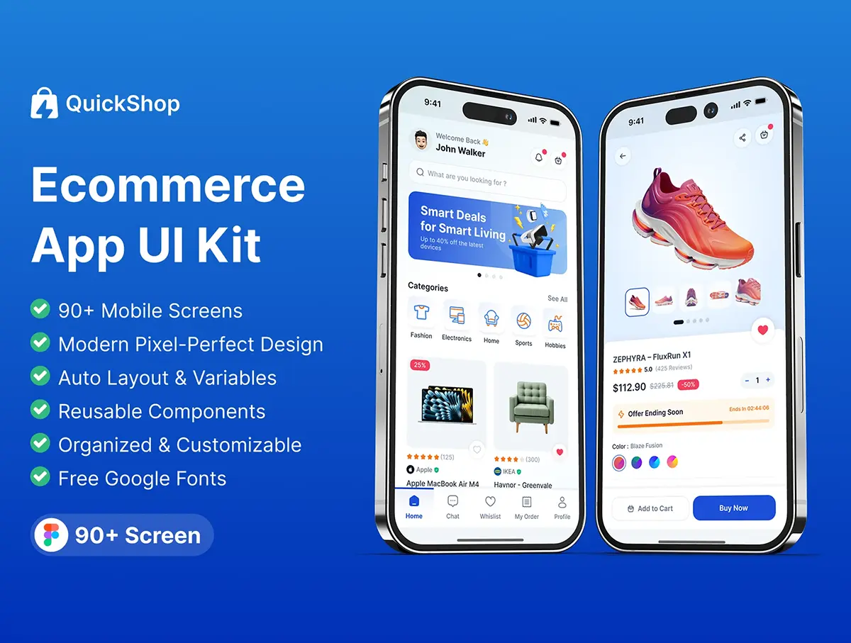 90+屏精美独特电子商务应用app界面UI设计 QuickShop – Ecommerce UI Kit